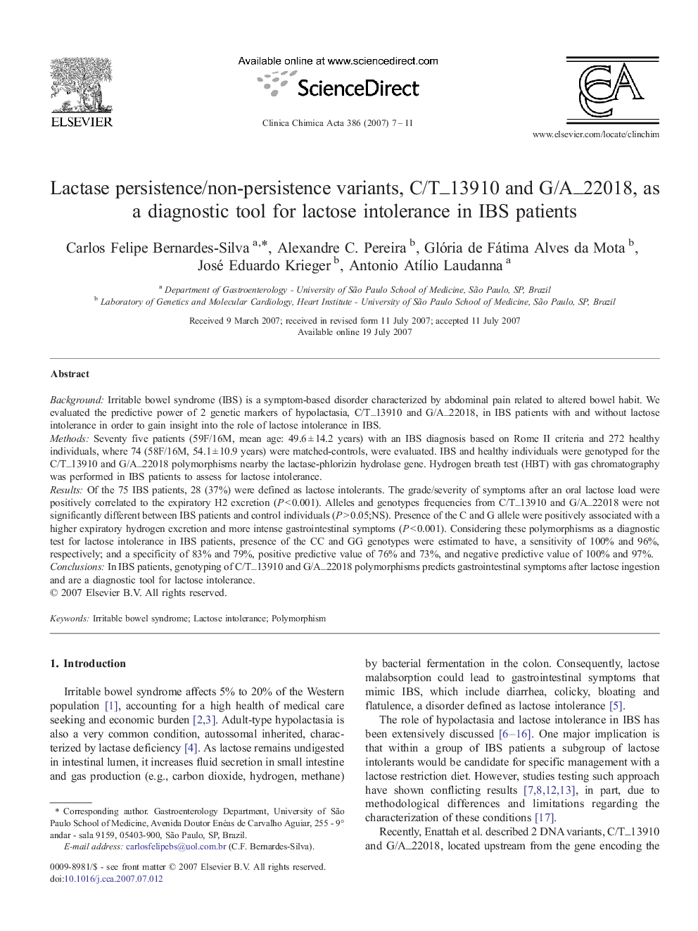 Lactase persistence/non-persistence variants, C/T_13910 and G/A_22018, as a diagnostic tool for lactose intolerance in IBS patients