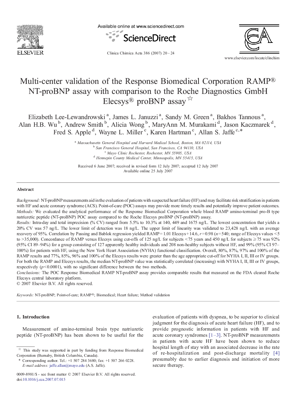 Multi-center validation of the Response Biomedical Corporation RAMP® NT-proBNP assay with comparison to the Roche Diagnostics GmbH Elecsys® proBNP assay 