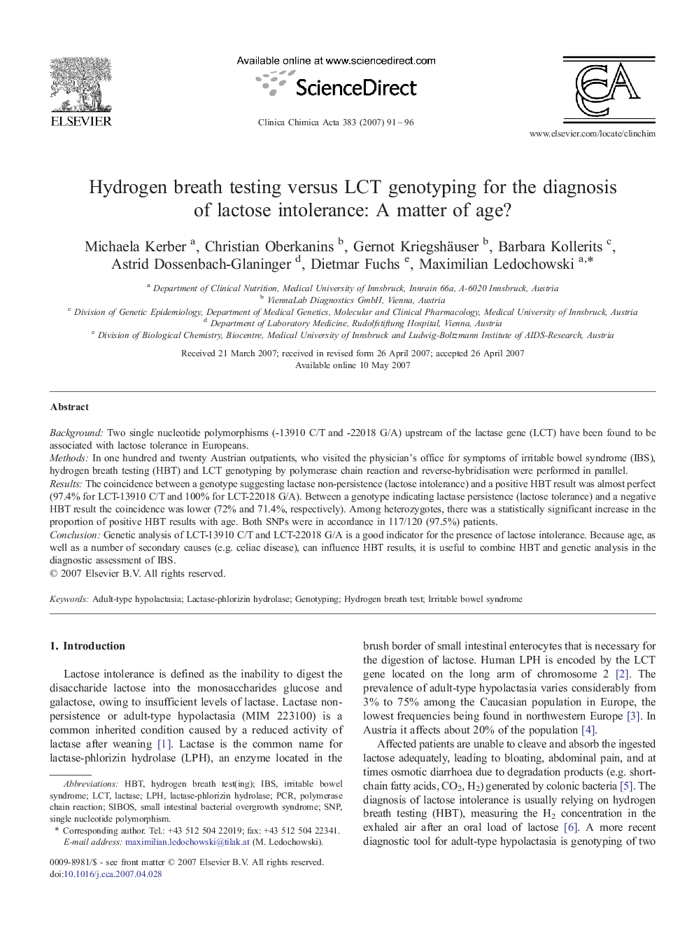 Hydrogen breath testing versus LCT genotyping for the diagnosis of lactose intolerance: A matter of age?