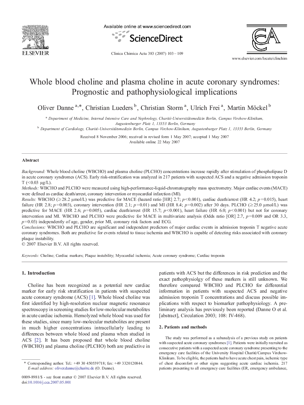 Whole blood choline and plasma choline in acute coronary syndromes: Prognostic and pathophysiological implications