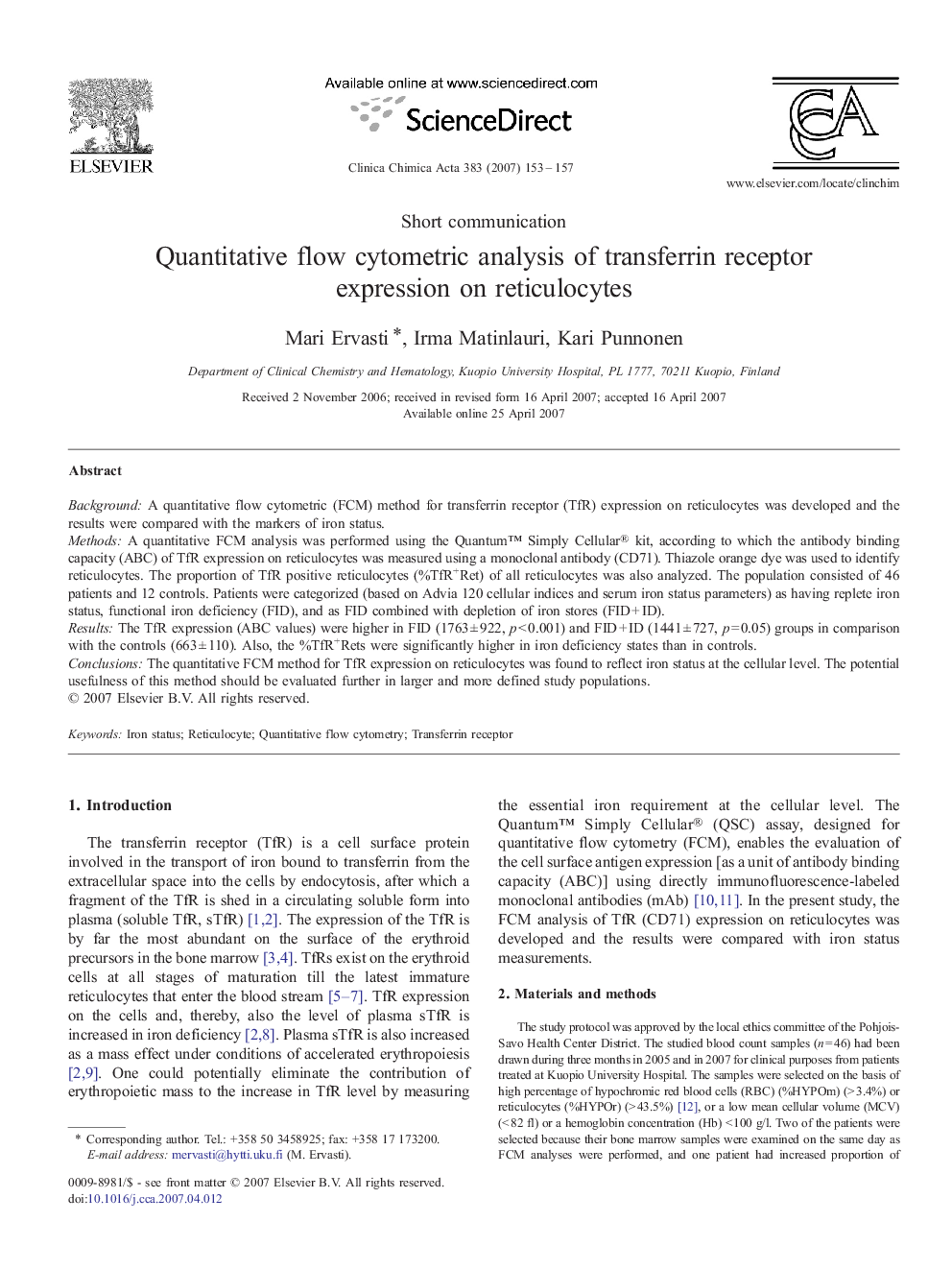 Quantitative flow cytometric analysis of transferrin receptor expression on reticulocytes