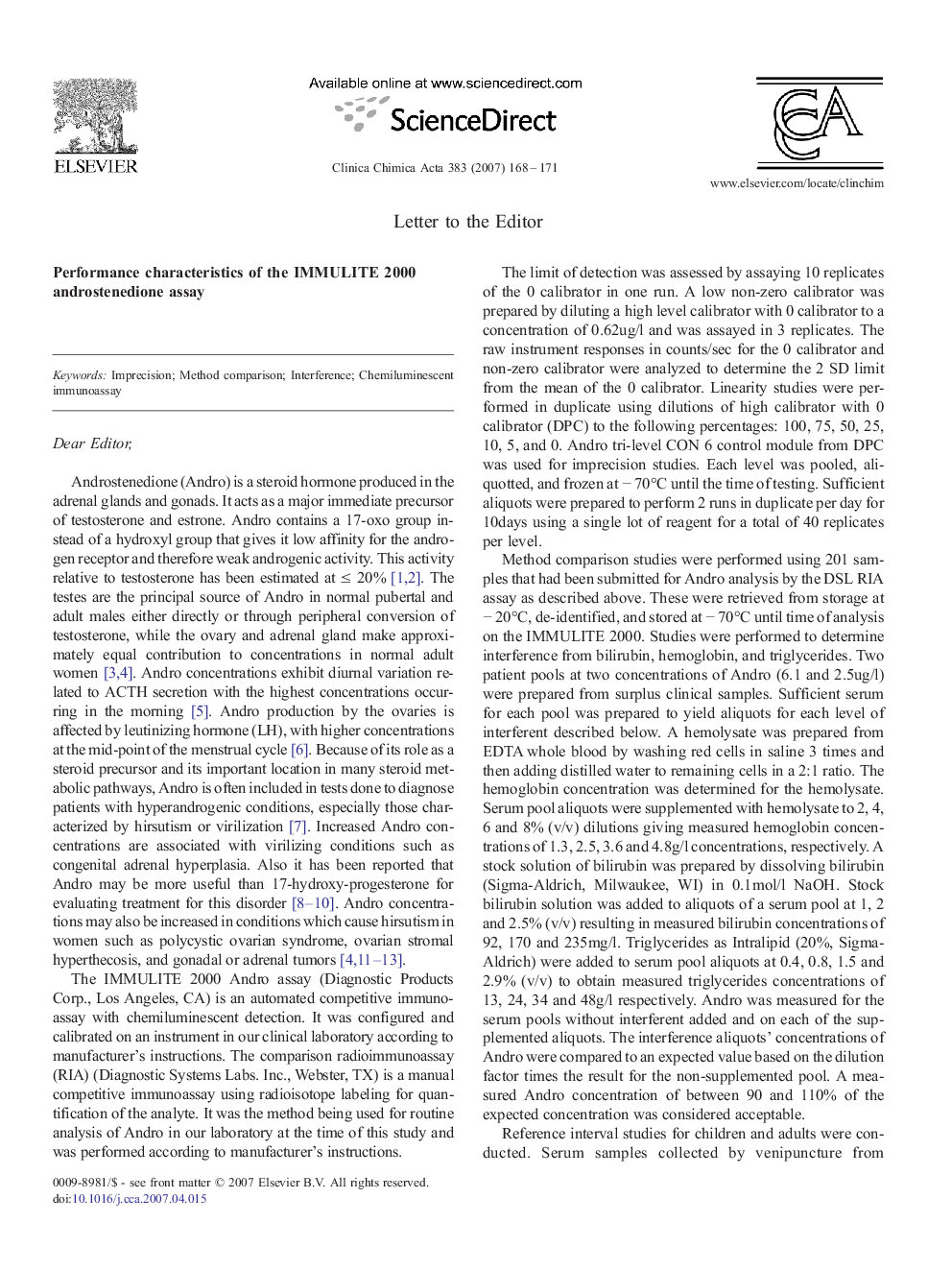 Performance characteristics of the IMMULITE 2000 androstenedione assay