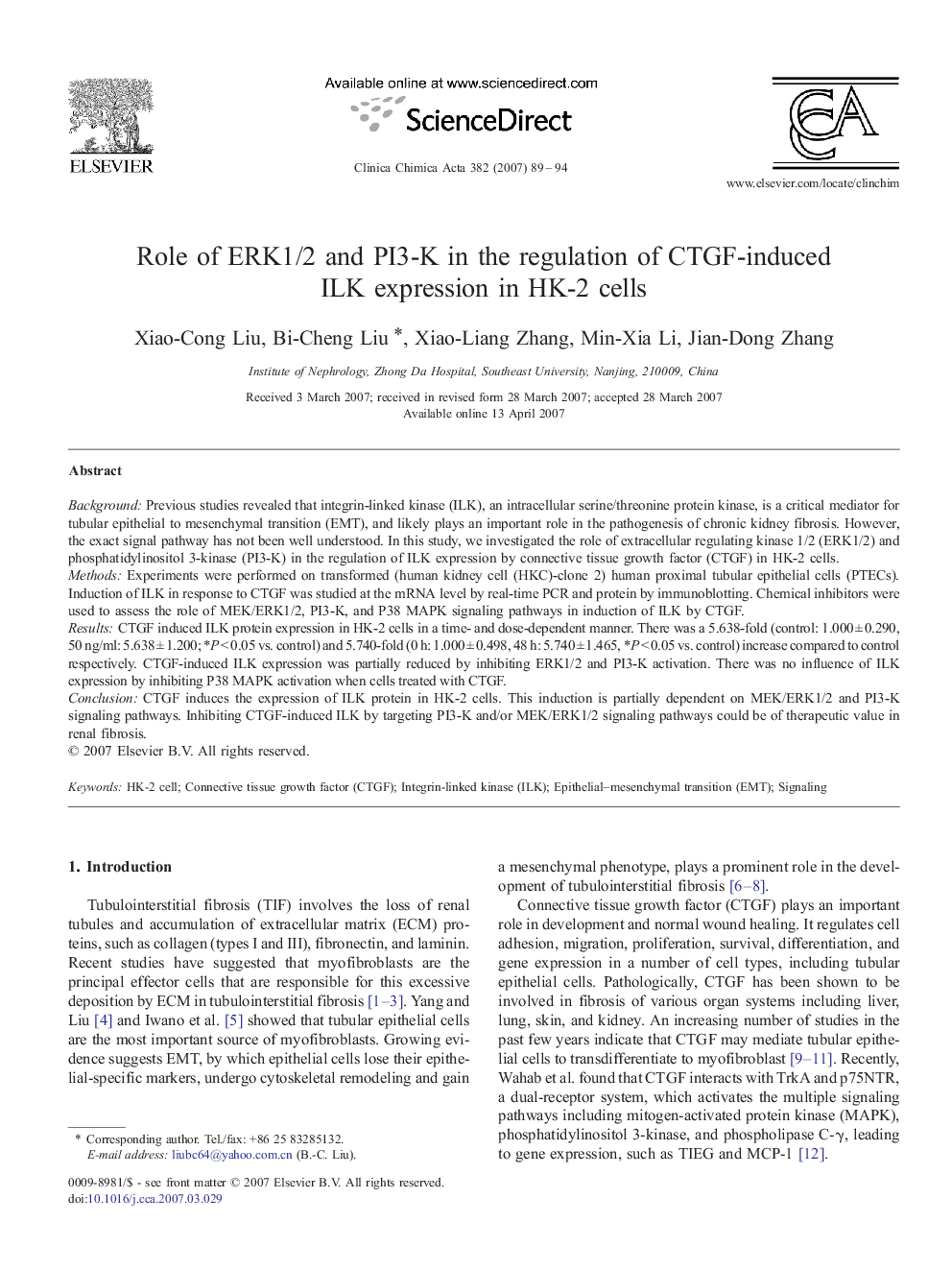 Role of ERK1/2 and PI3-K in the regulation of CTGF-induced ILK expression in HK-2 cells