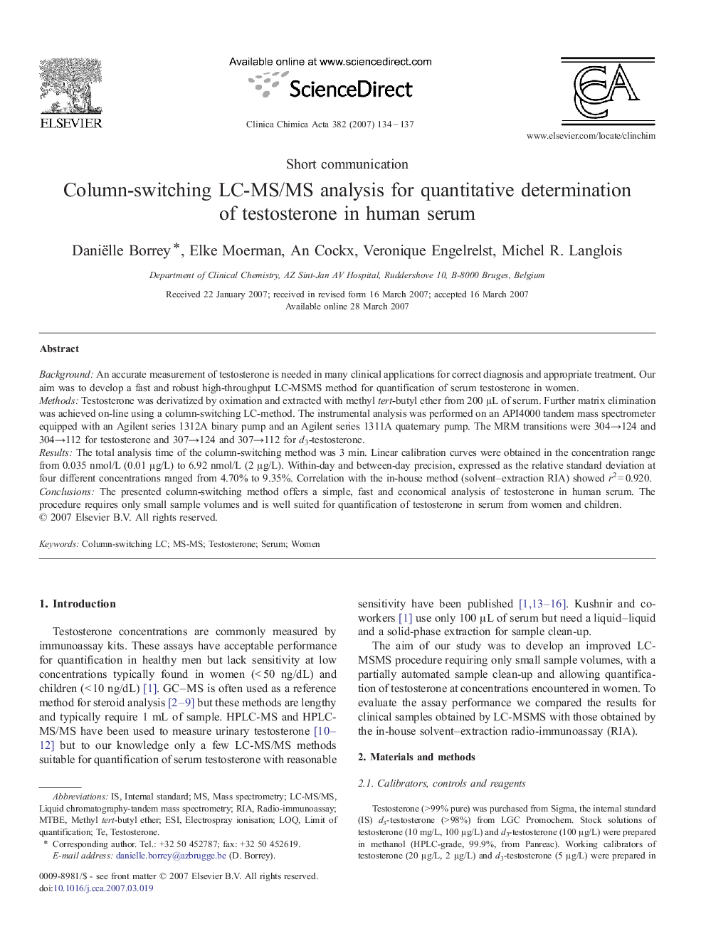 Column-switching LC-MS/MS analysis for quantitative determination of testosterone in human serum