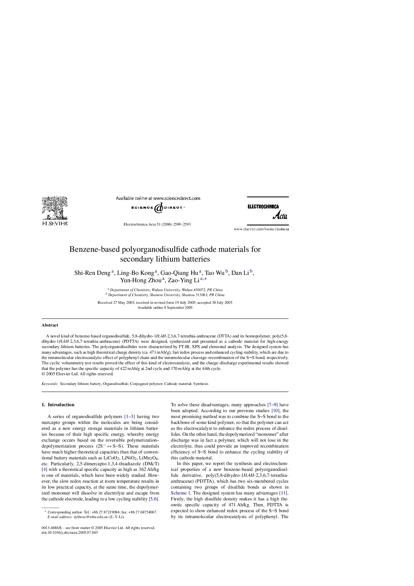 Benzene-based polyorganodisulfide cathode materials for secondary lithium batteries