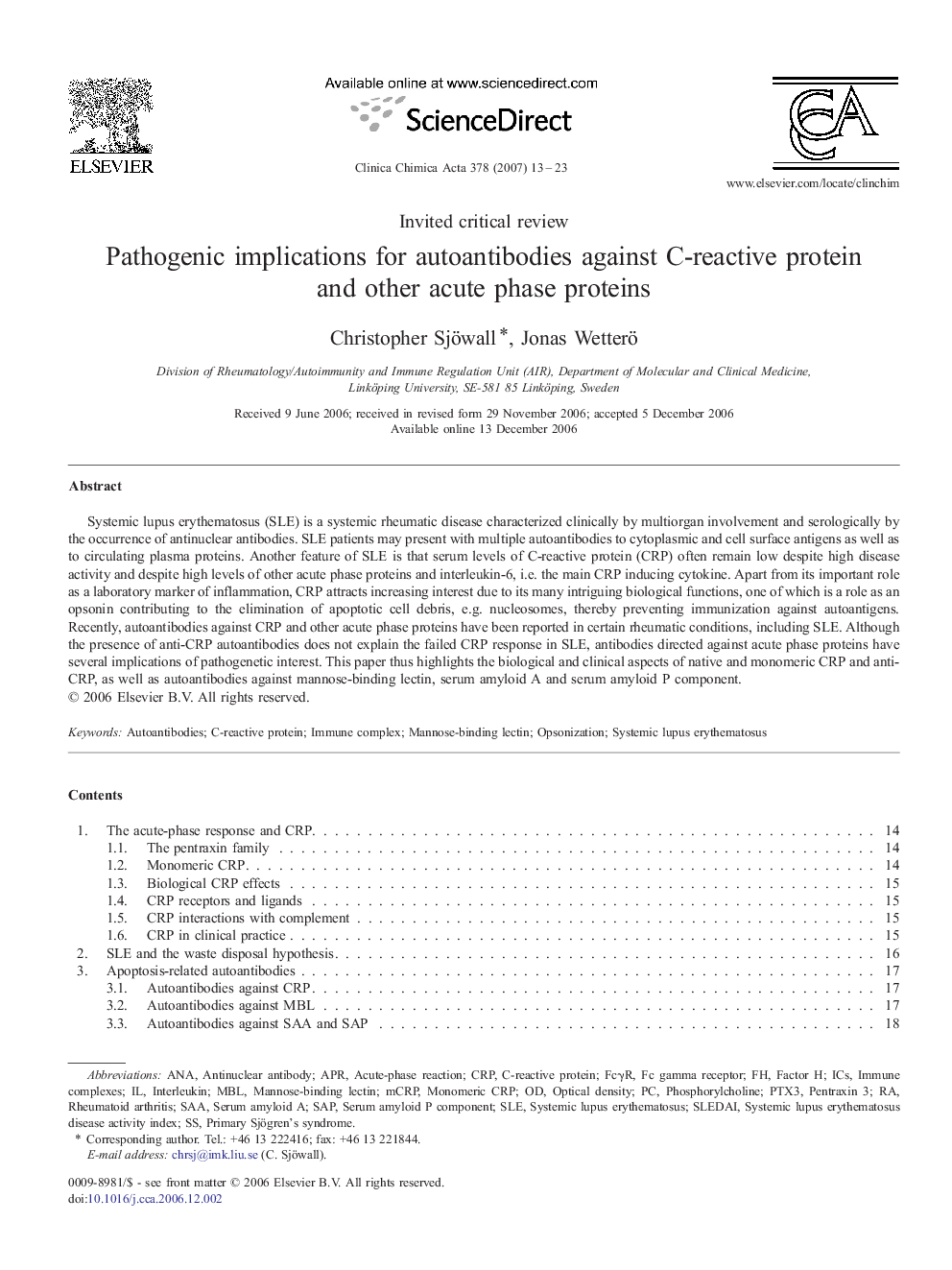 Pathogenic implications for autoantibodies against C-reactive protein and other acute phase proteins