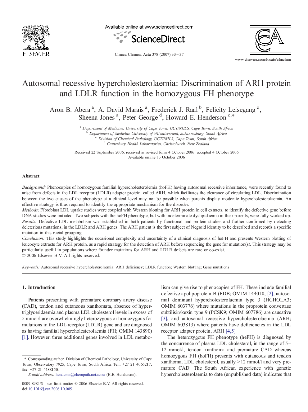 Autosomal recessive hypercholesterolaemia: Discrimination of ARH protein and LDLR function in the homozygous FH phenotype