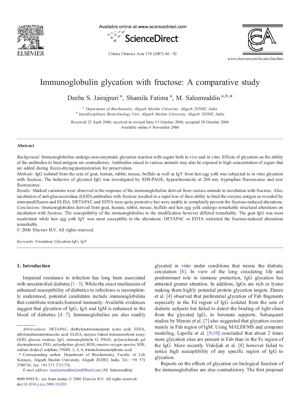 Immunoglobulin glycation with fructose: A comparative study