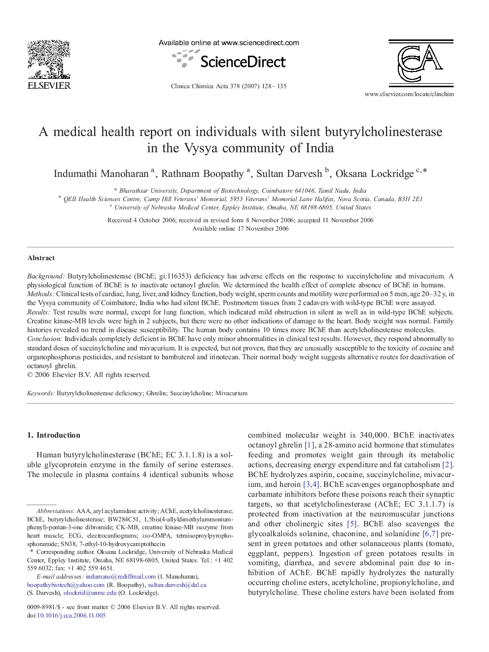 A medical health report on individuals with silent butyrylcholinesterase in the Vysya community of India