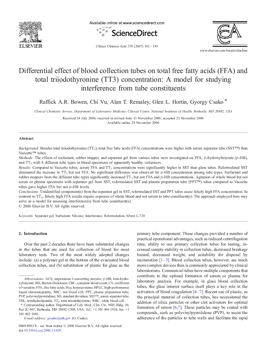 Differential effect of blood collection tubes on total free fatty acids (FFA) and total triiodothyronine (TT3) concentration: A model for studying interference from tube constituents