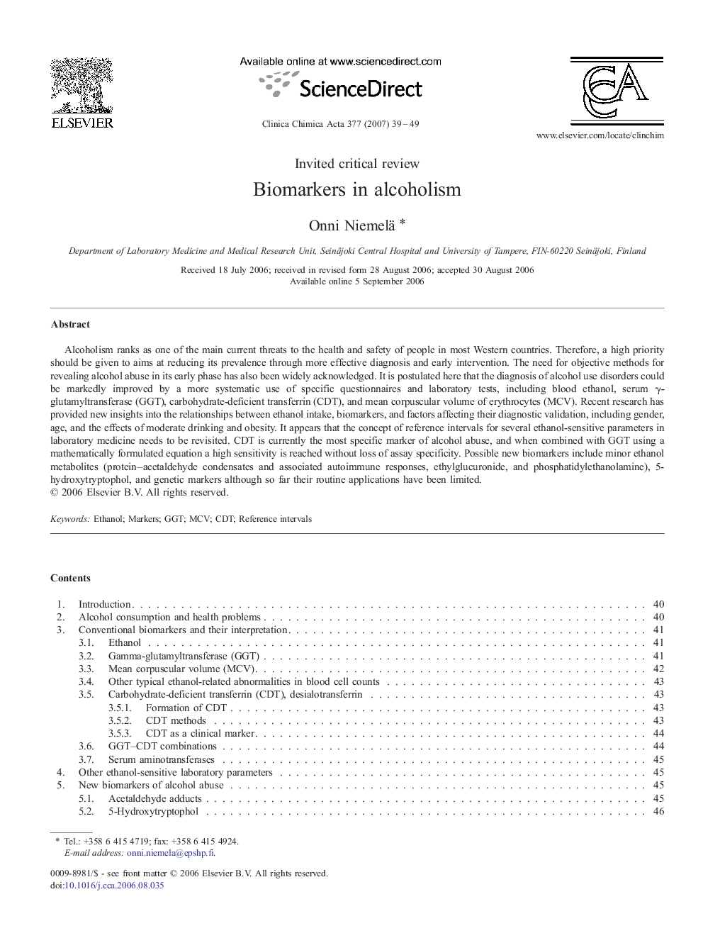 Biomarkers in alcoholism