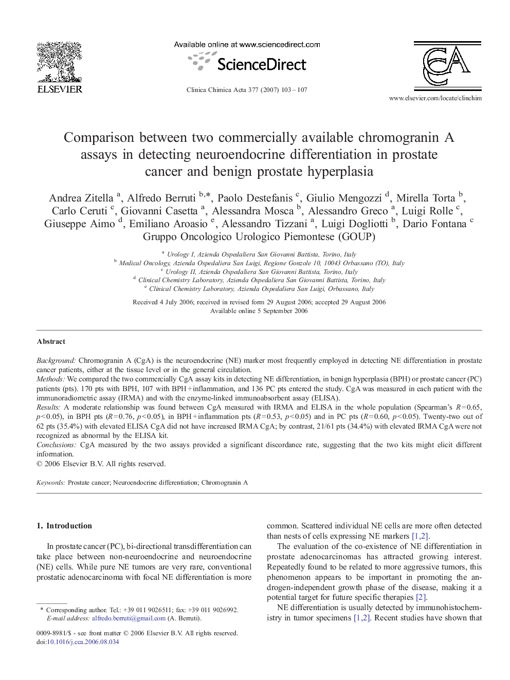 Comparison between two commercially available chromogranin A assays in detecting neuroendocrine differentiation in prostate cancer and benign prostate hyperplasia