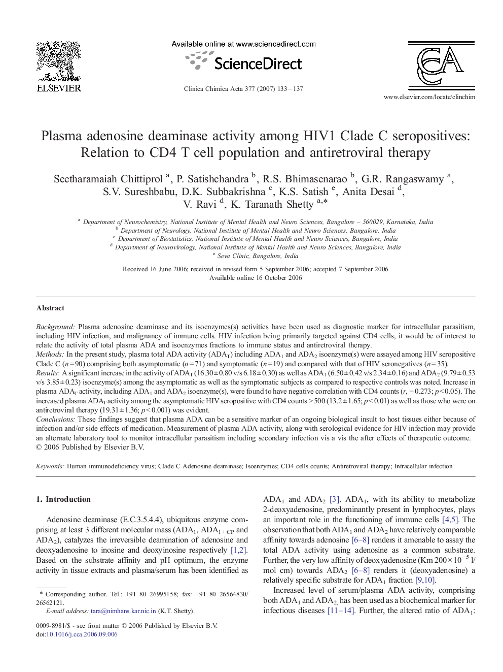 Plasma adenosine deaminase activity among HIV1 Clade C seropositives: Relation to CD4 T cell population and antiretroviral therapy