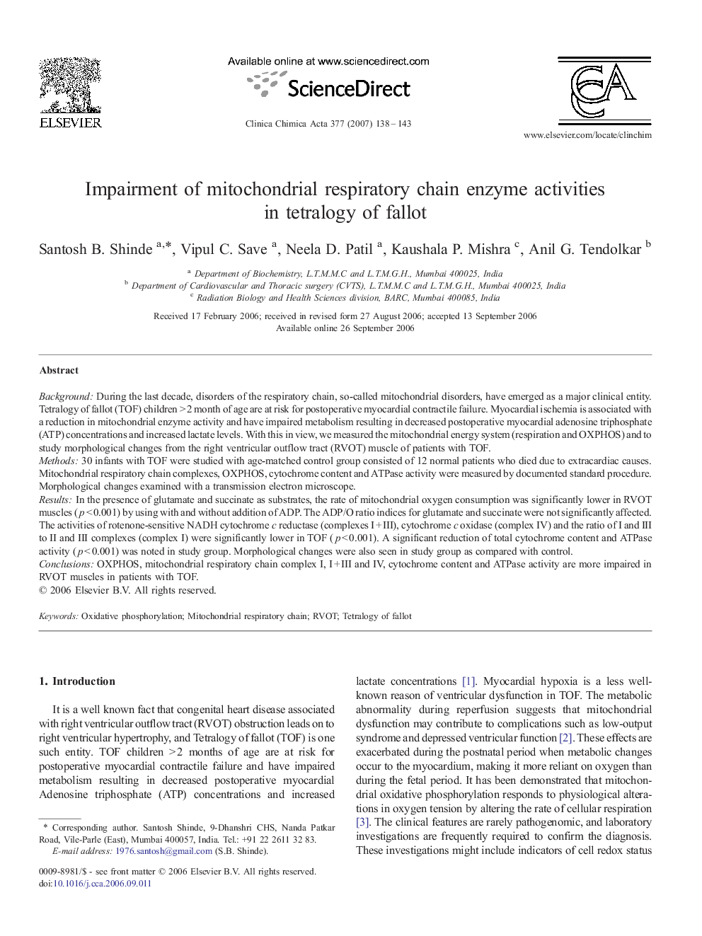 Impairment of mitochondrial respiratory chain enzyme activities in tetralogy of fallot