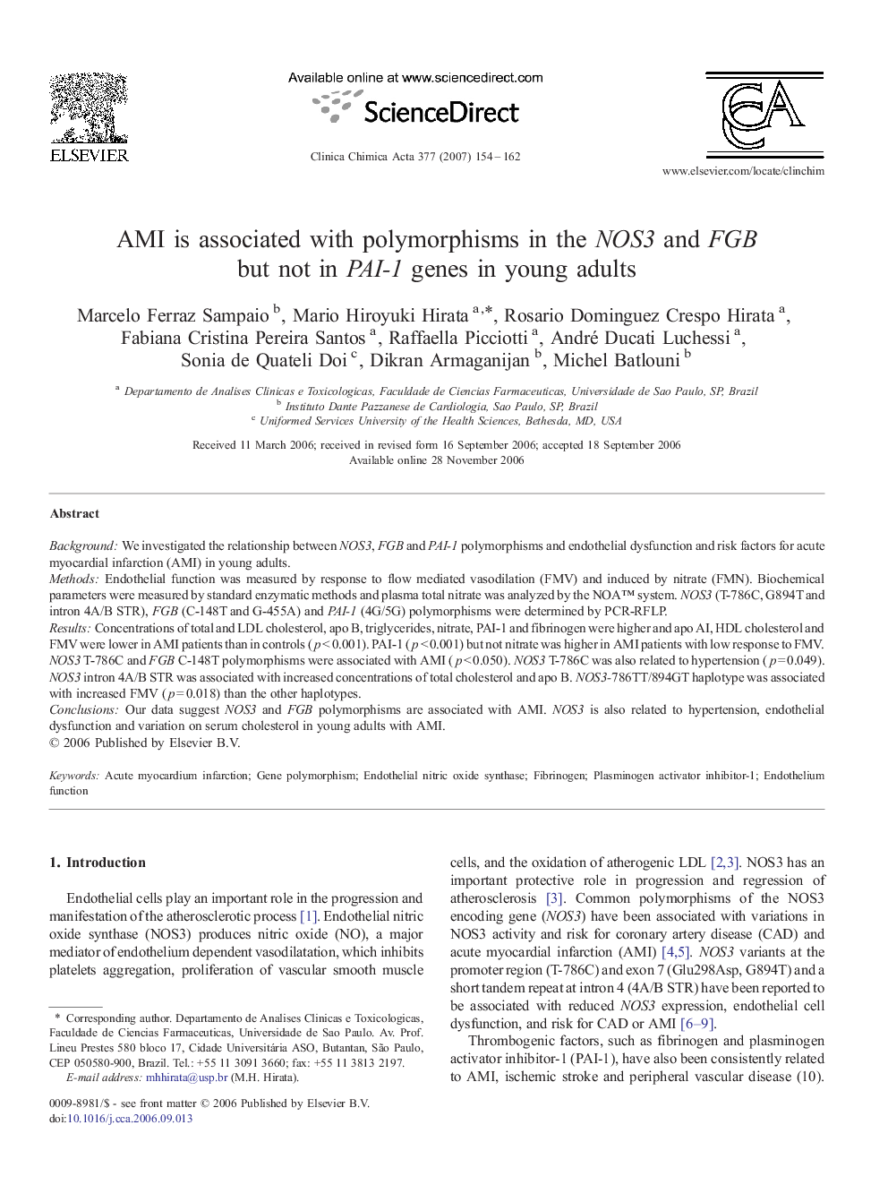 AMI is associated with polymorphisms in the NOS3 and FGB but not in PAI-1 genes in young adults