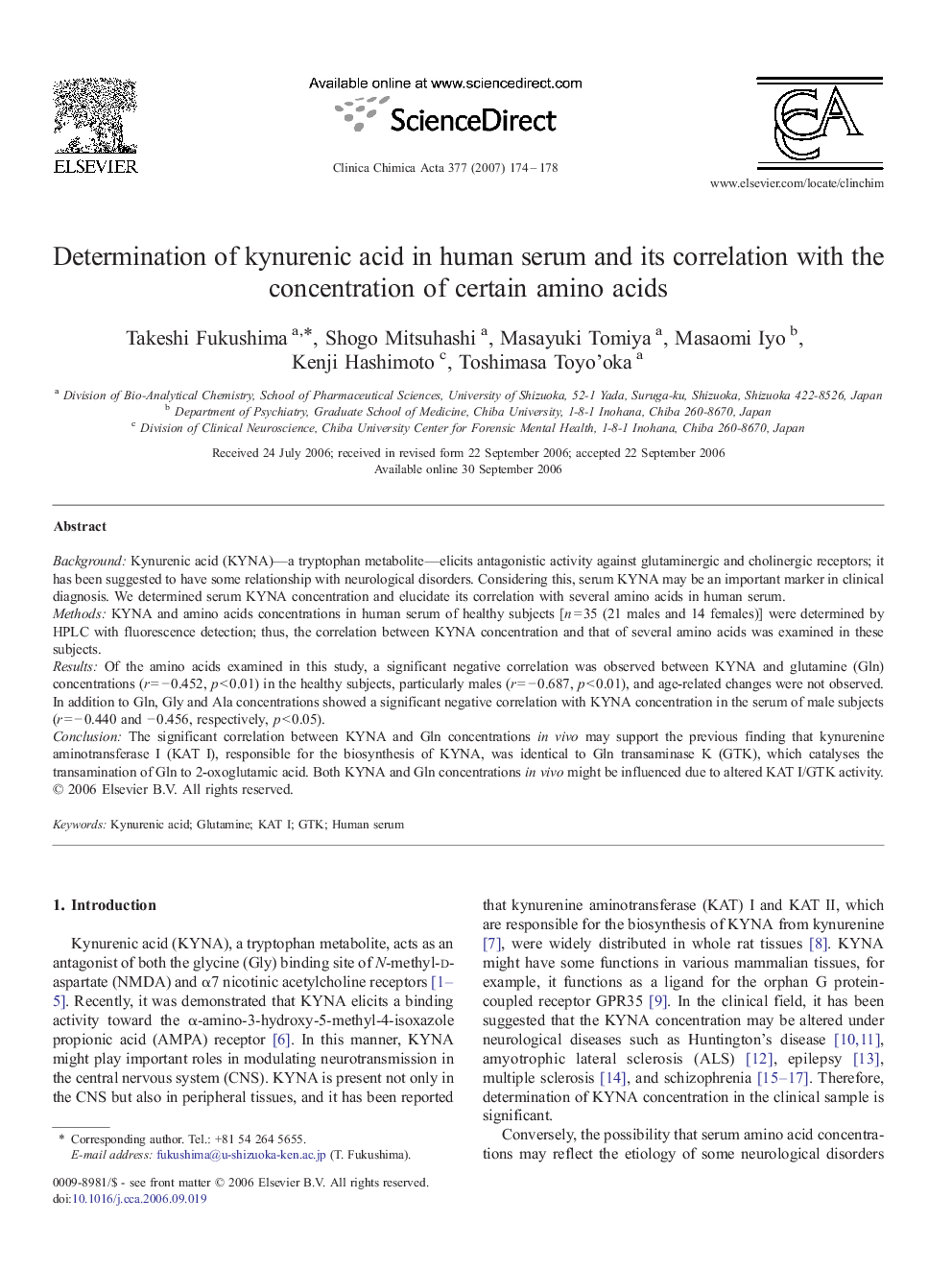 Determination of kynurenic acid in human serum and its correlation with the concentration of certain amino acids