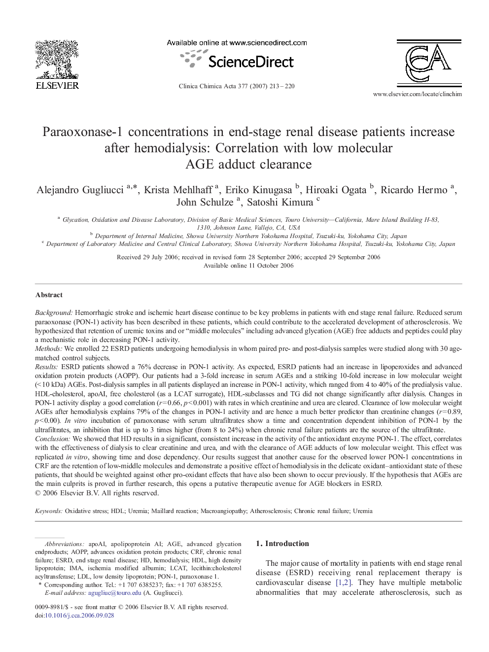 Paraoxonase-1 concentrations in end-stage renal disease patients increase after hemodialysis: Correlation with low molecular AGE adduct clearance