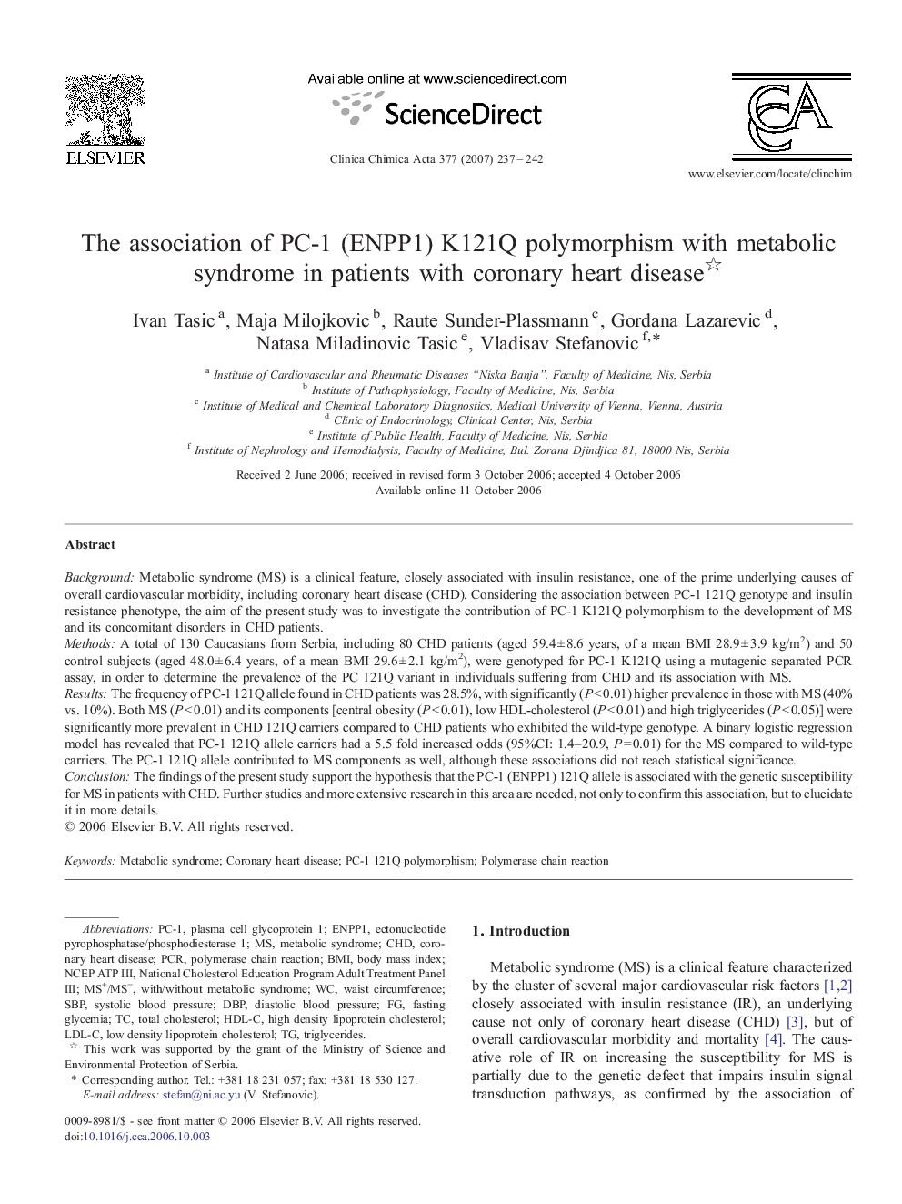 The association of PC-1 (ENPP1) K121Q polymorphism with metabolic syndrome in patients with coronary heart disease 