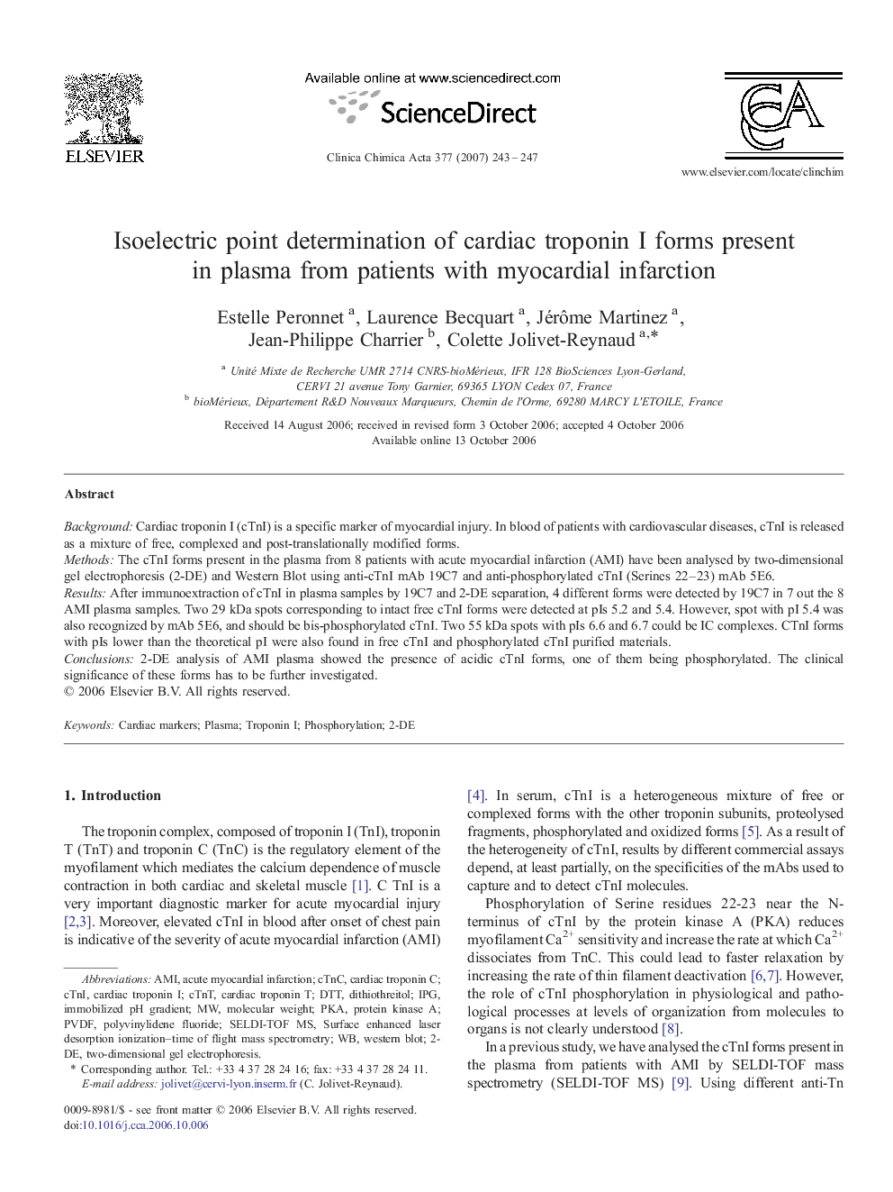 Isoelectric point determination of cardiac troponin I forms present in plasma from patients with myocardial infarction