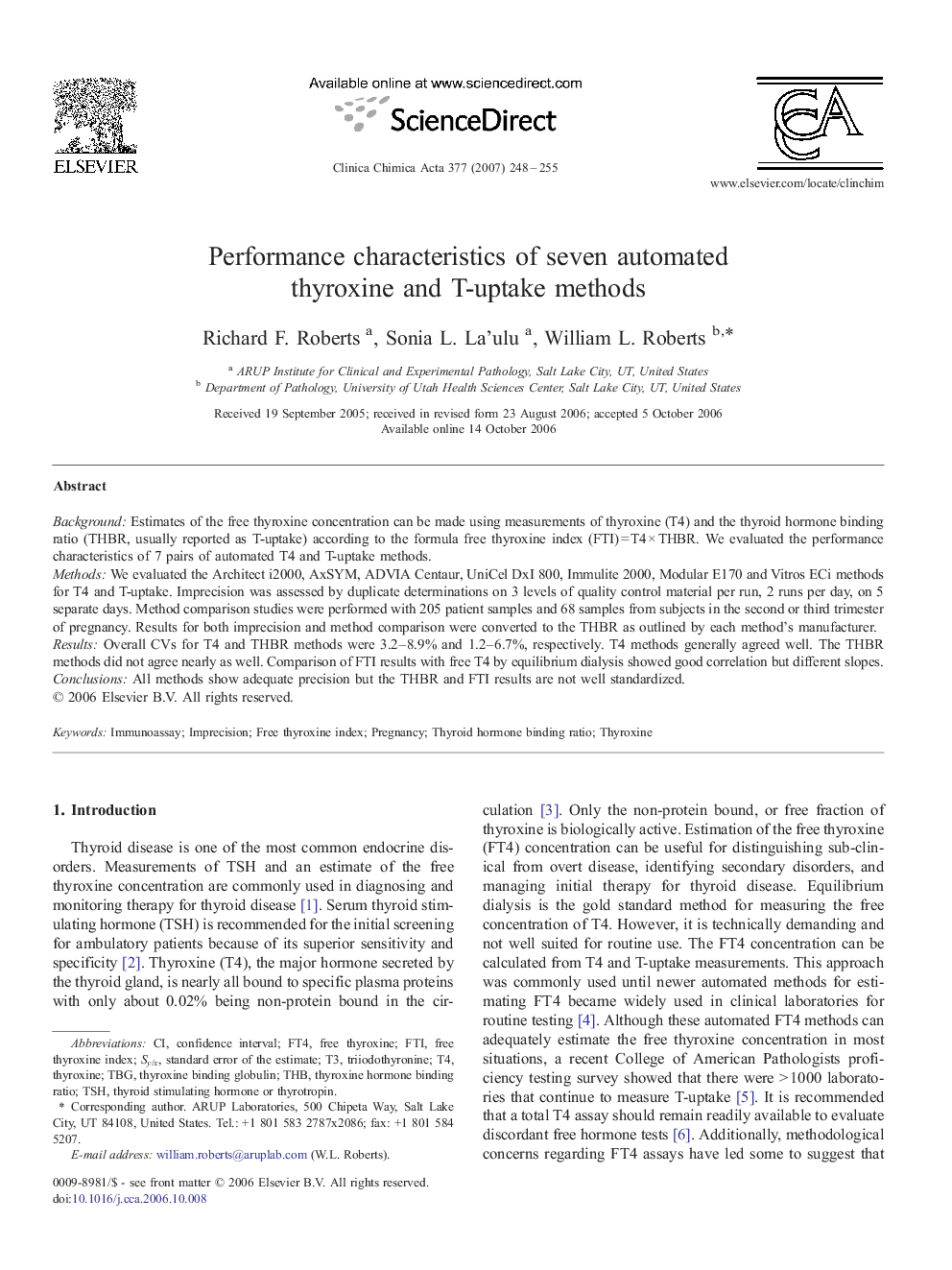 Performance characteristics of seven automated thyroxine and T-uptake methods