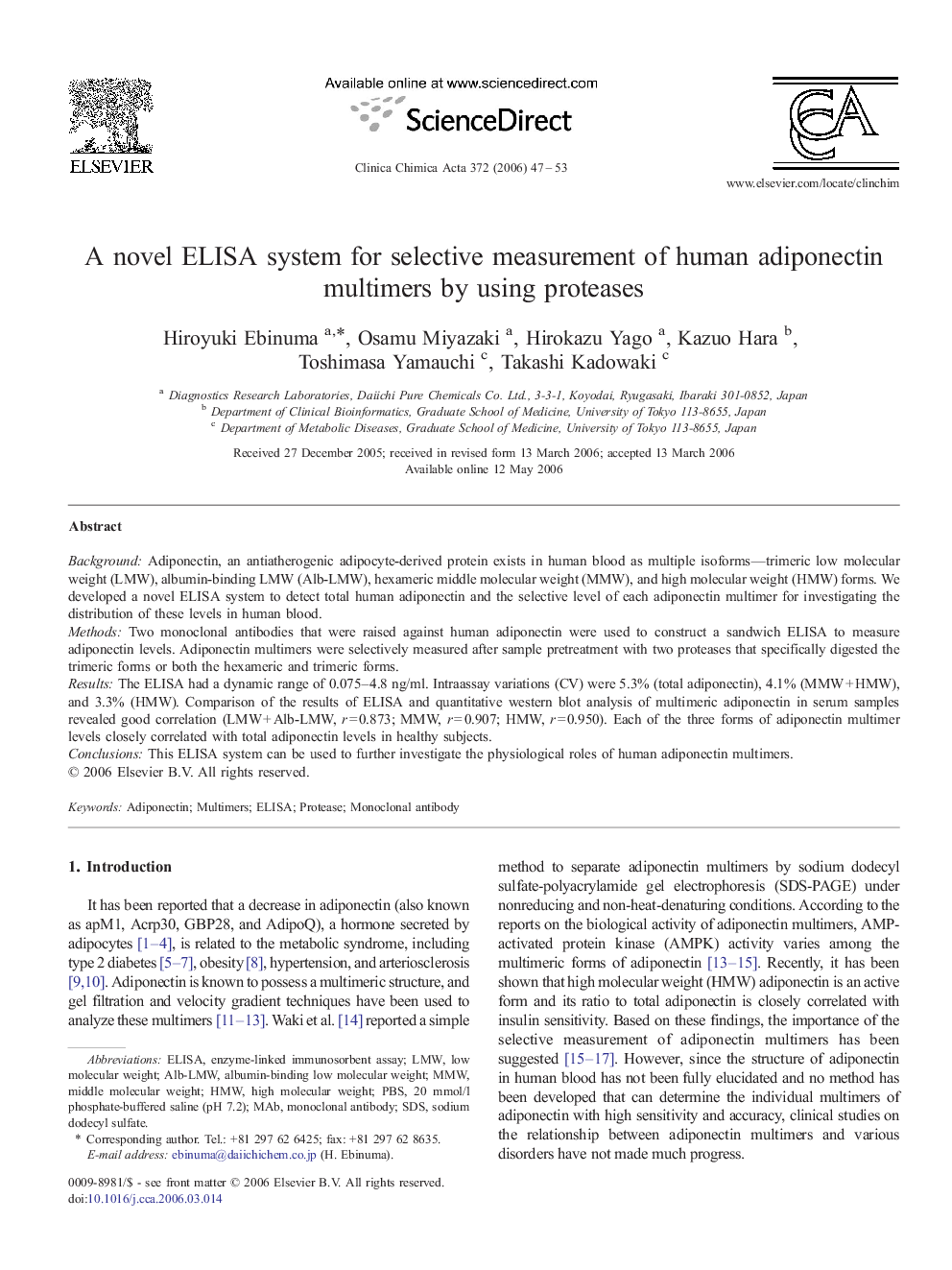 A novel ELISA system for selective measurement of human adiponectin multimers by using proteases