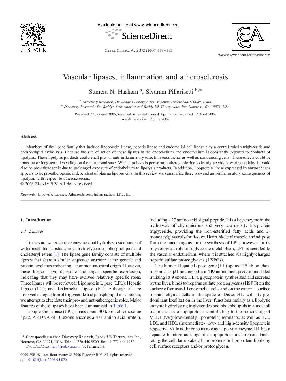 Vascular lipases, inflammation and atherosclerosis