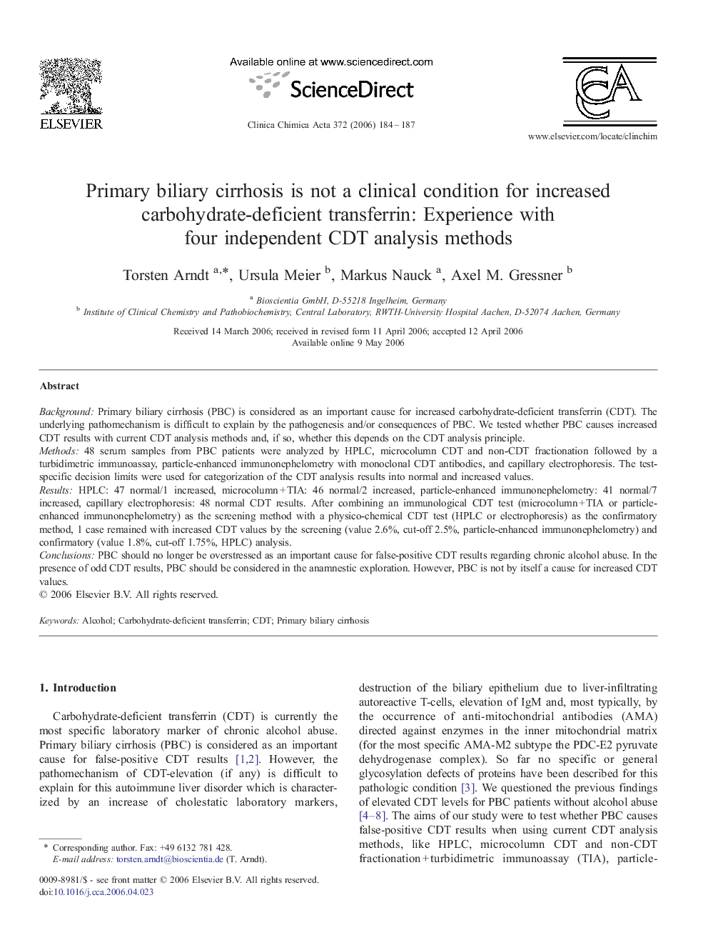 Primary biliary cirrhosis is not a clinical condition for increased carbohydrate-deficient transferrin: Experience with four independent CDT analysis methods