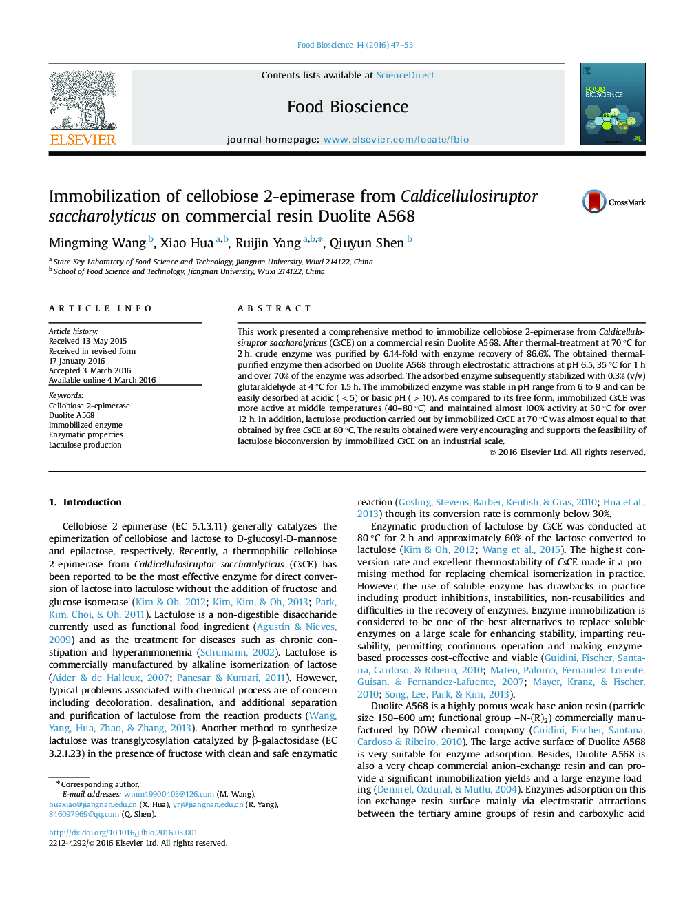 Immobilization of cellobiose 2-epimerase from Caldicellulosiruptor saccharolyticus on commercial resin Duolite A568