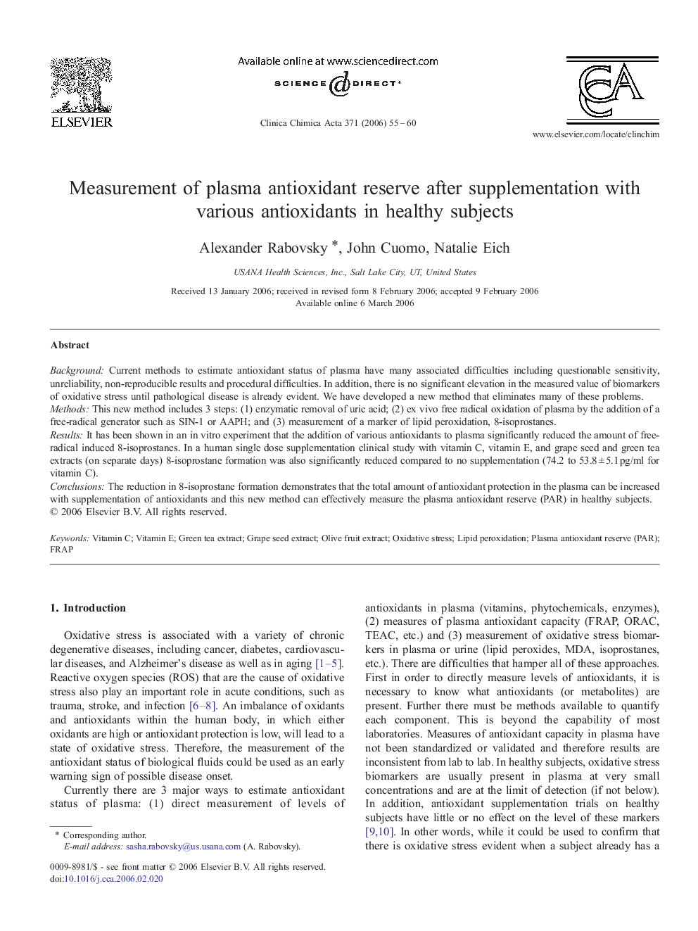 Measurement of plasma antioxidant reserve after supplementation with various antioxidants in healthy subjects