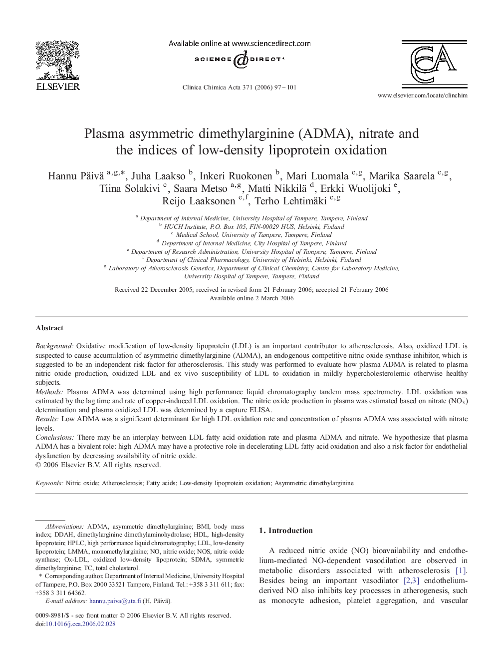 Plasma asymmetric dimethylarginine (ADMA), nitrate and the indices of low-density lipoprotein oxidation
