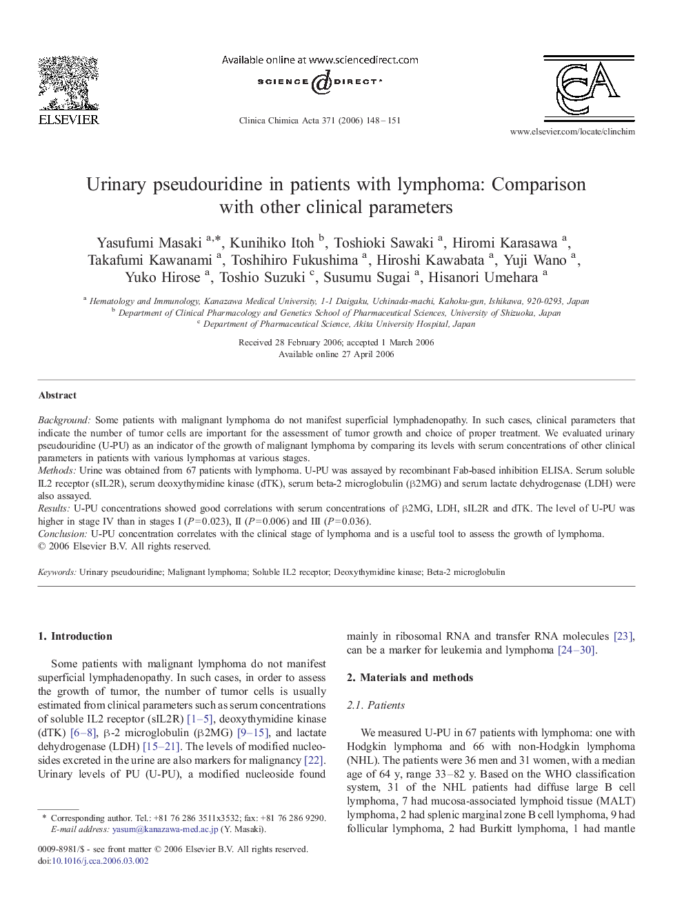 Urinary pseudouridine in patients with lymphoma: Comparison with other clinical parameters