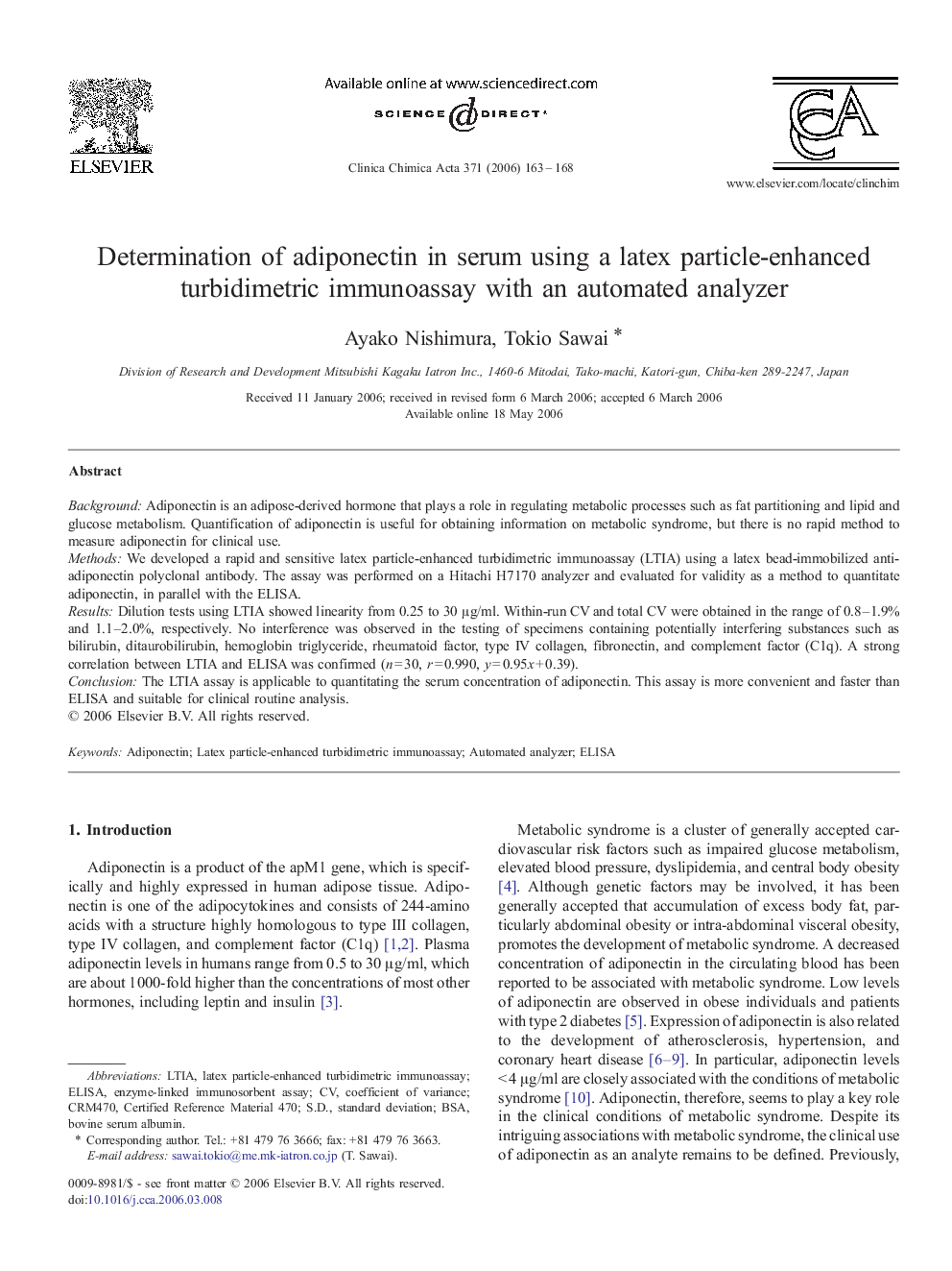 Determination of adiponectin in serum using a latex particle-enhanced turbidimetric immunoassay with an automated analyzer