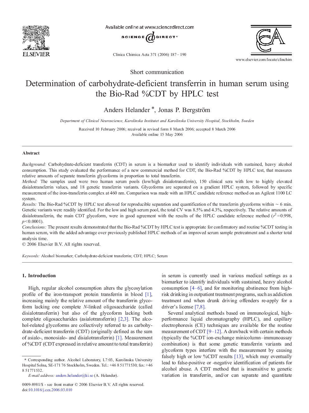 Determination of carbohydrate-deficient transferrin in human serum using the Bio-Rad %CDT by HPLC test