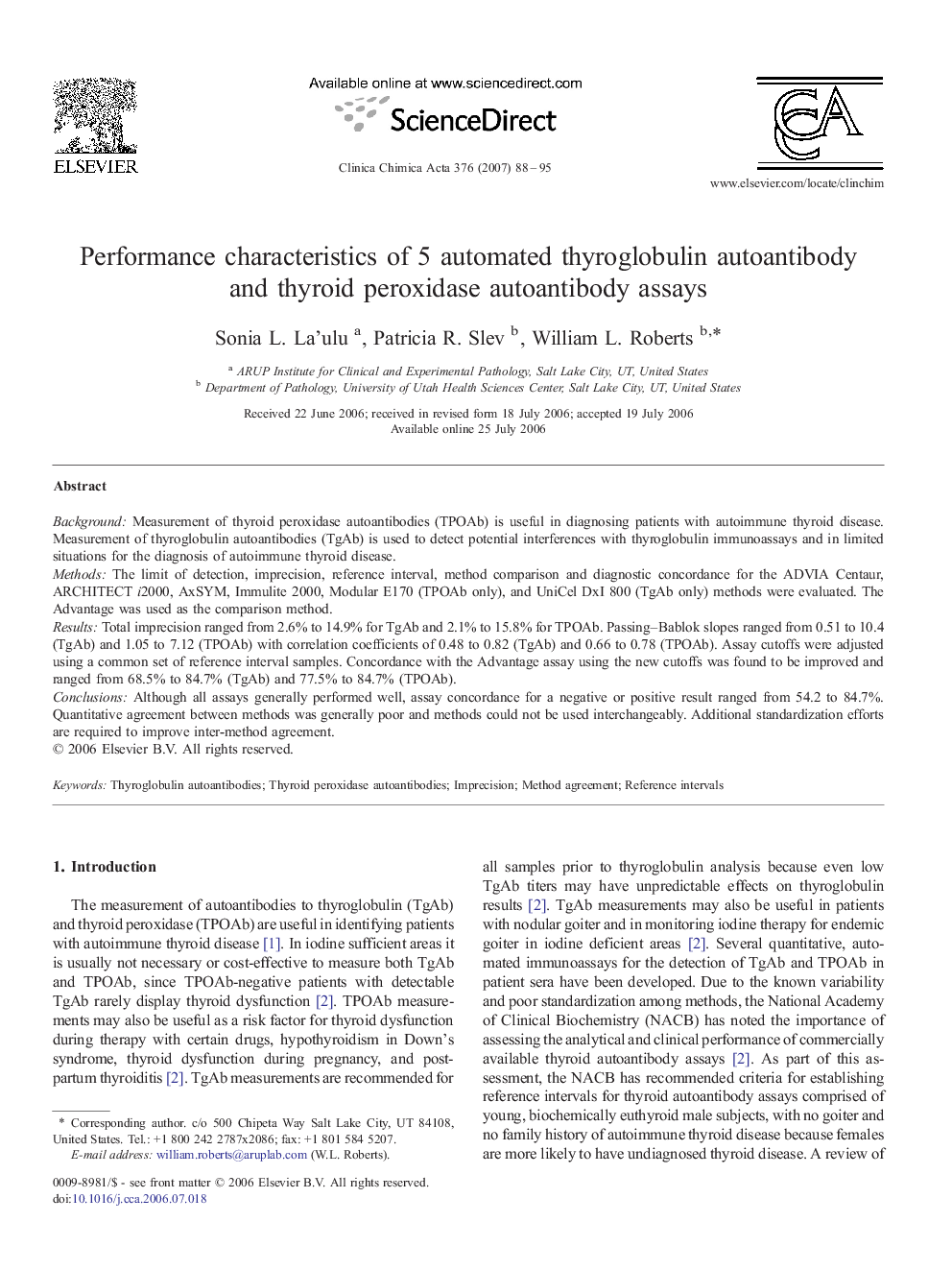 Performance characteristics of 5 automated thyroglobulin autoantibody and thyroid peroxidase autoantibody assays