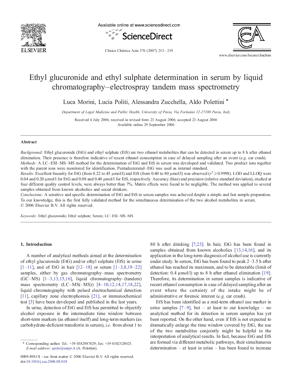Ethyl glucuronide and ethyl sulphate determination in serum by liquid chromatography–electrospray tandem mass spectrometry