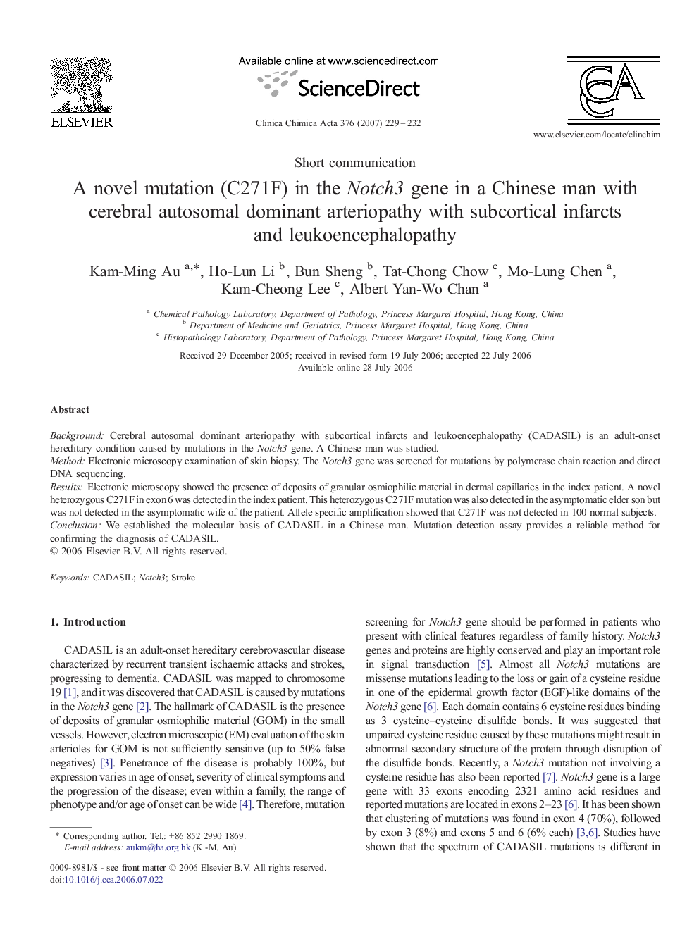 A novel mutation (C271F) in the Notch3 gene in a Chinese man with cerebral autosomal dominant arteriopathy with subcortical infarcts and leukoencephalopathy