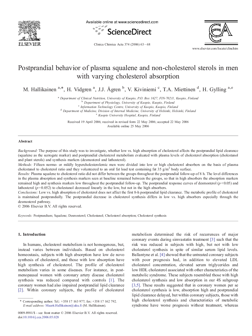 Postprandial behavior of plasma squalene and non-cholesterol sterols in men with varying cholesterol absorption