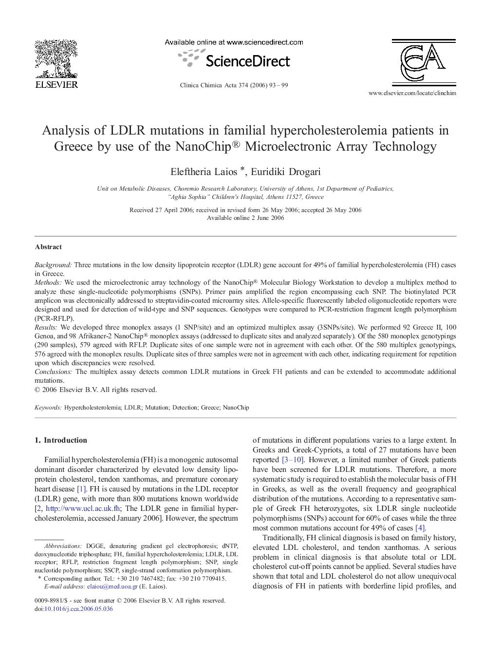 Analysis of LDLR mutations in familial hypercholesterolemia patients in Greece by use of the NanoChip® Microelectronic Array Technology