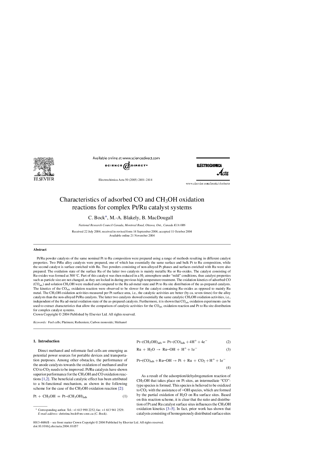 Characteristics of adsorbed CO and CH3OH oxidation reactions for complex Pt/Ru catalyst systems