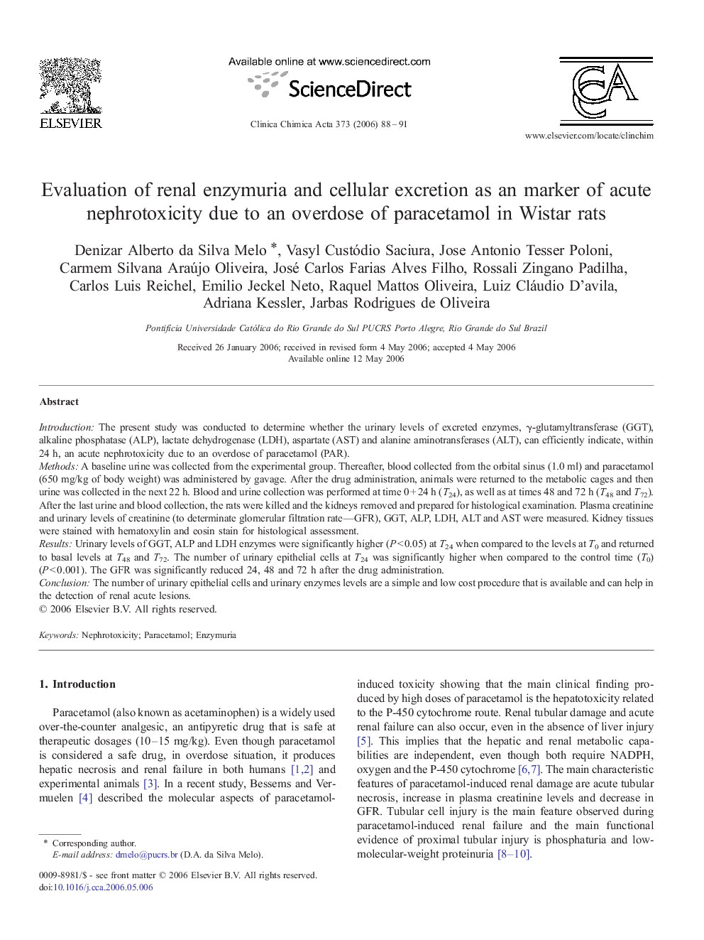 Evaluation of renal enzymuria and cellular excretion as an marker of acute nephrotoxicity due to an overdose of paracetamol in Wistar rats