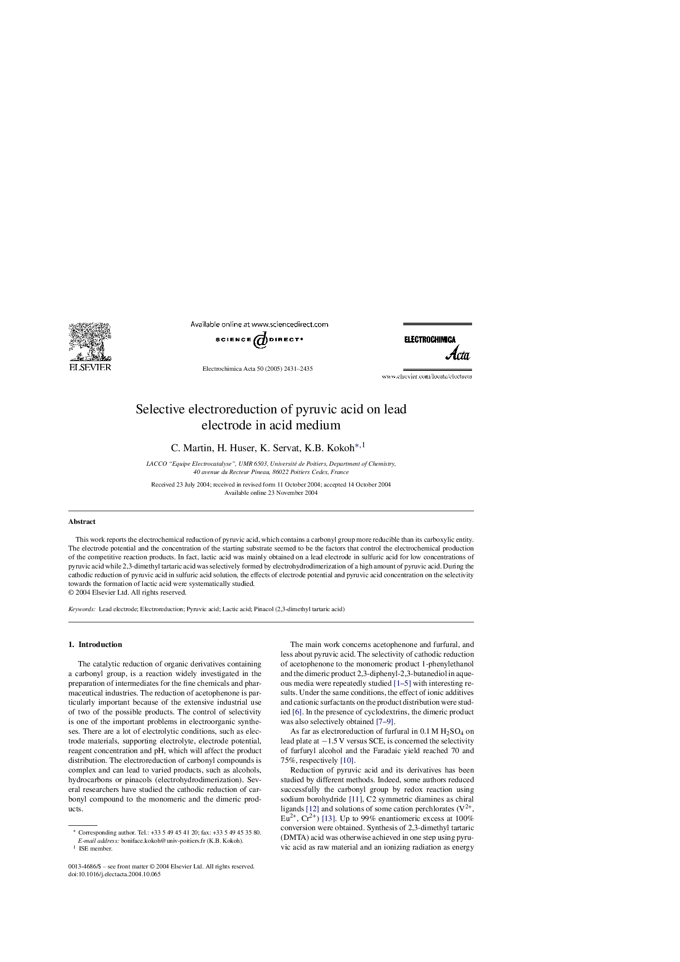 Selective electroreduction of pyruvic acid on lead electrode in acid medium