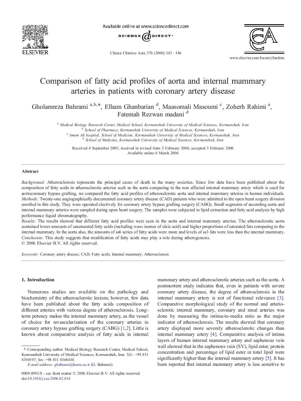 Comparison of fatty acid profiles of aorta and internal mammary arteries in patients with coronary artery disease