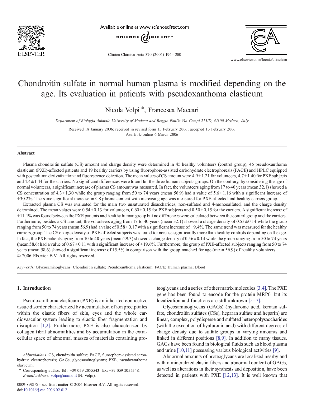 Chondroitin sulfate in normal human plasma is modified depending on the age. Its evaluation in patients with pseudoxanthoma elasticum