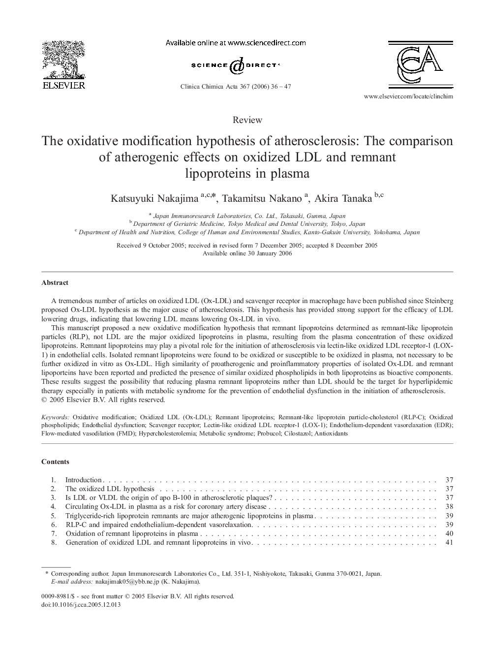 The oxidative modification hypothesis of atherosclerosis: The comparison of atherogenic effects on oxidized LDL and remnant lipoproteins in plasma