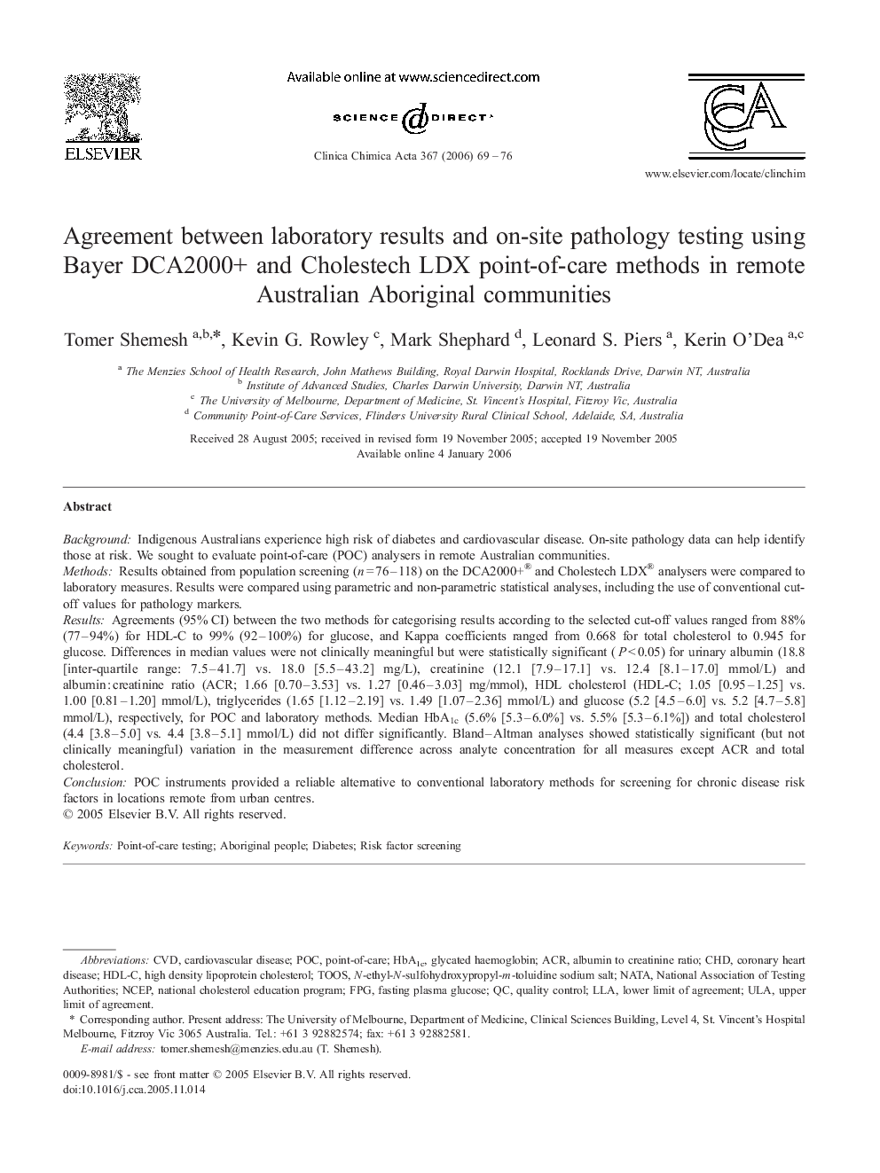 Agreement between laboratory results and on-site pathology testing using Bayer DCA2000+ and Cholestech LDX point-of-care methods in remote Australian Aboriginal communities