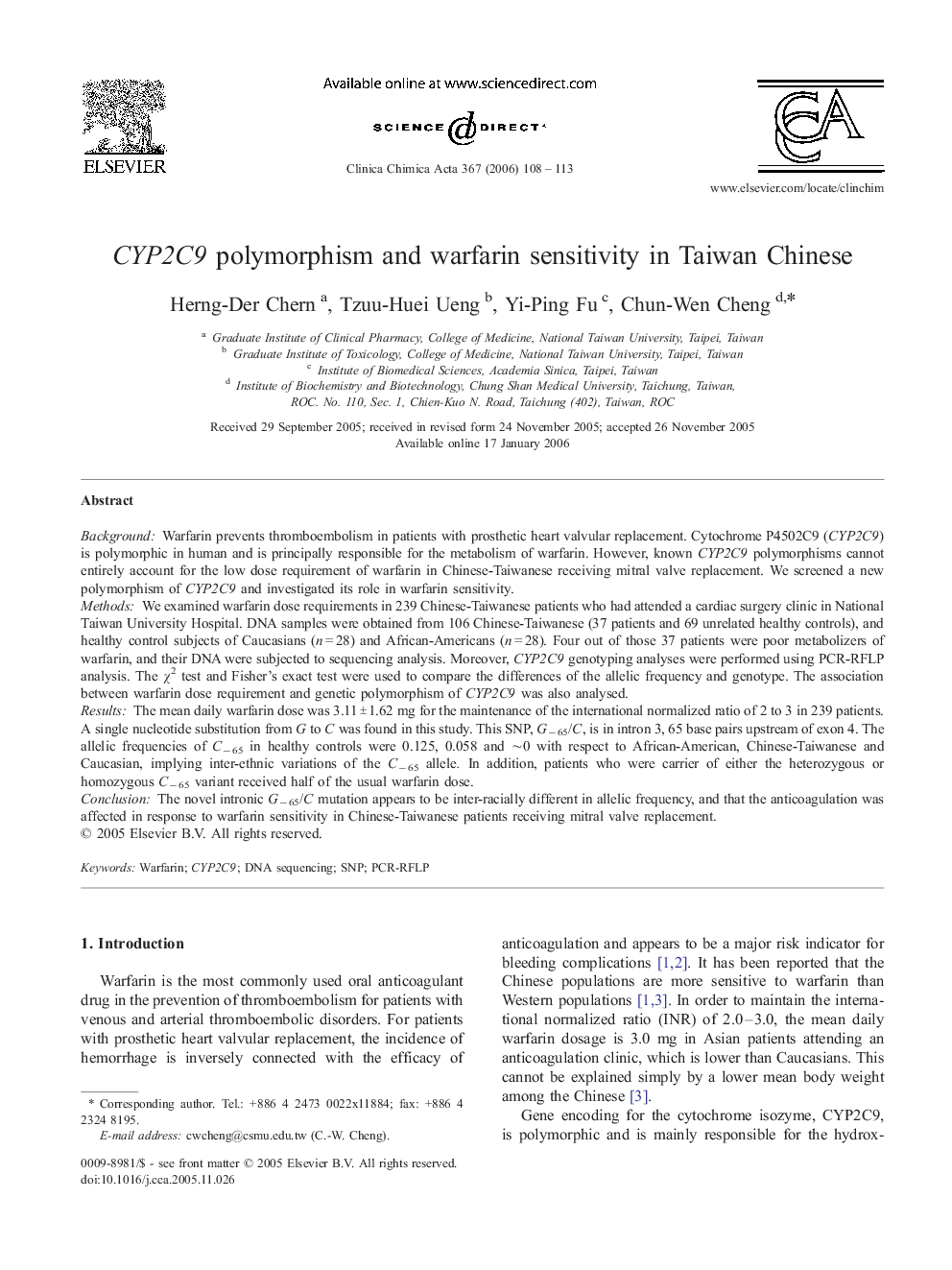 CYP2C9 polymorphism and warfarin sensitivity in Taiwan Chinese