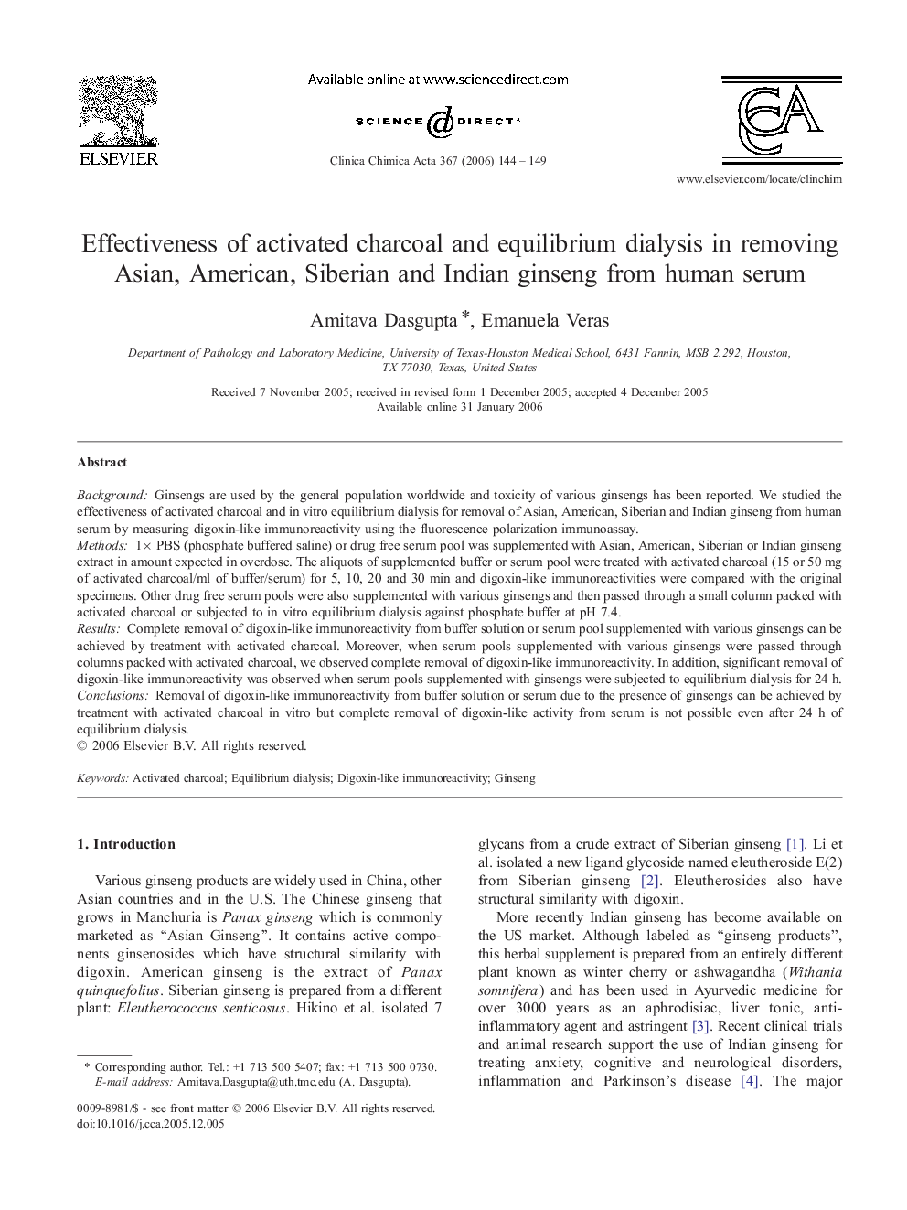 Effectiveness of activated charcoal and equilibrium dialysis in removing Asian, American, Siberian and Indian ginseng from human serum