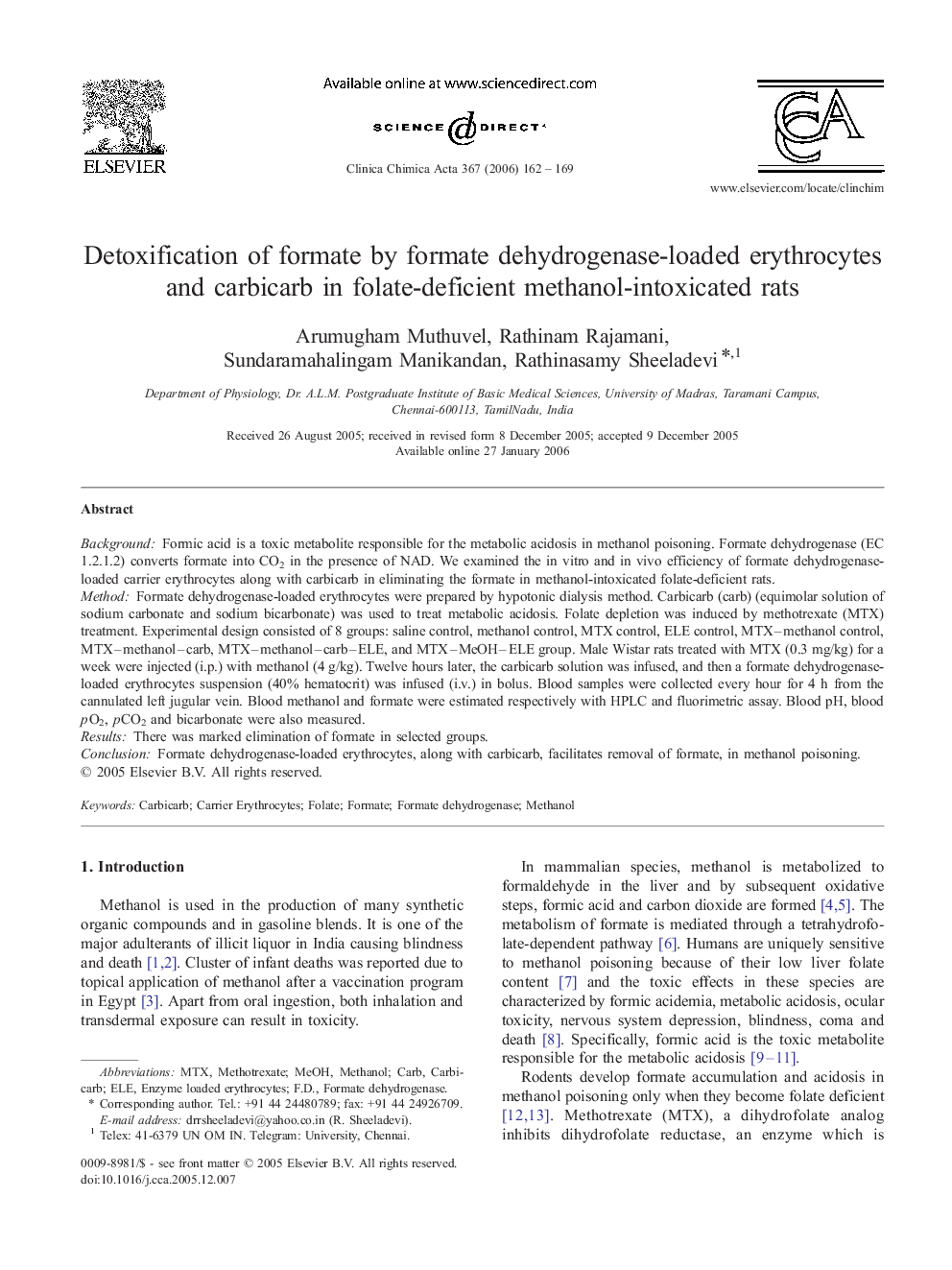 Detoxification of formate by formate dehydrogenase-loaded erythrocytes and carbicarb in folate-deficient methanol-intoxicated rats