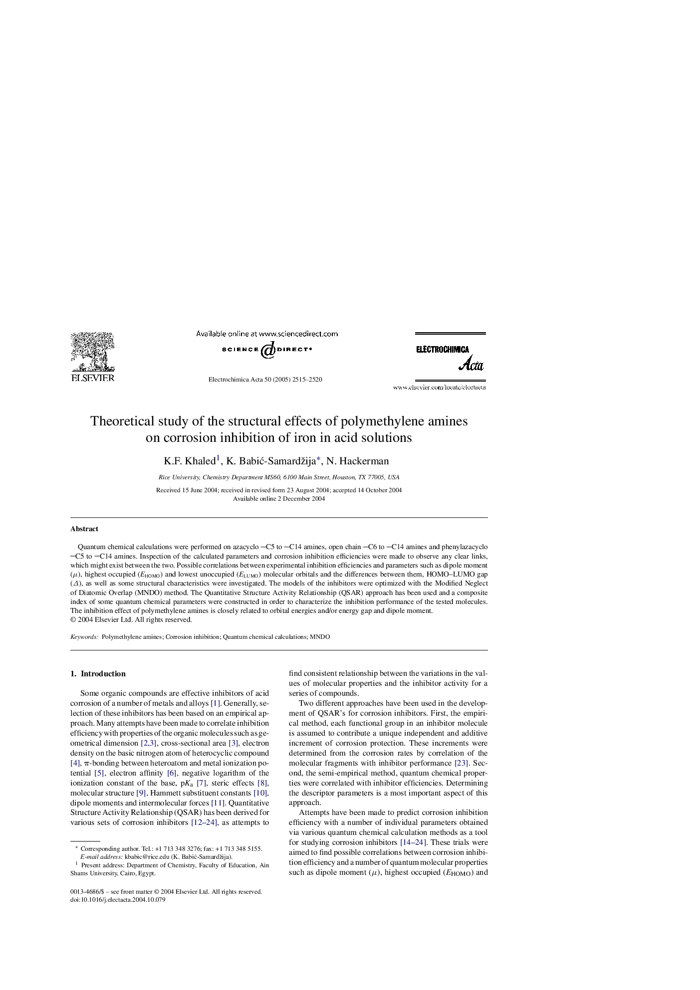 Theoretical study of the structural effects of polymethylene amines on corrosion inhibition of iron in acid solutions