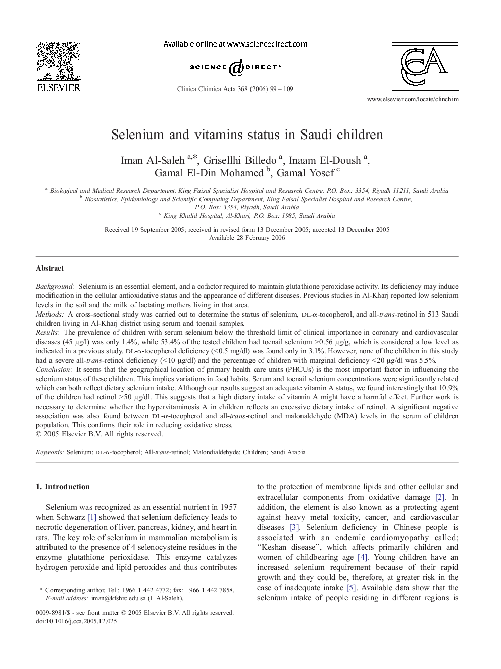 Selenium and vitamins status in Saudi children